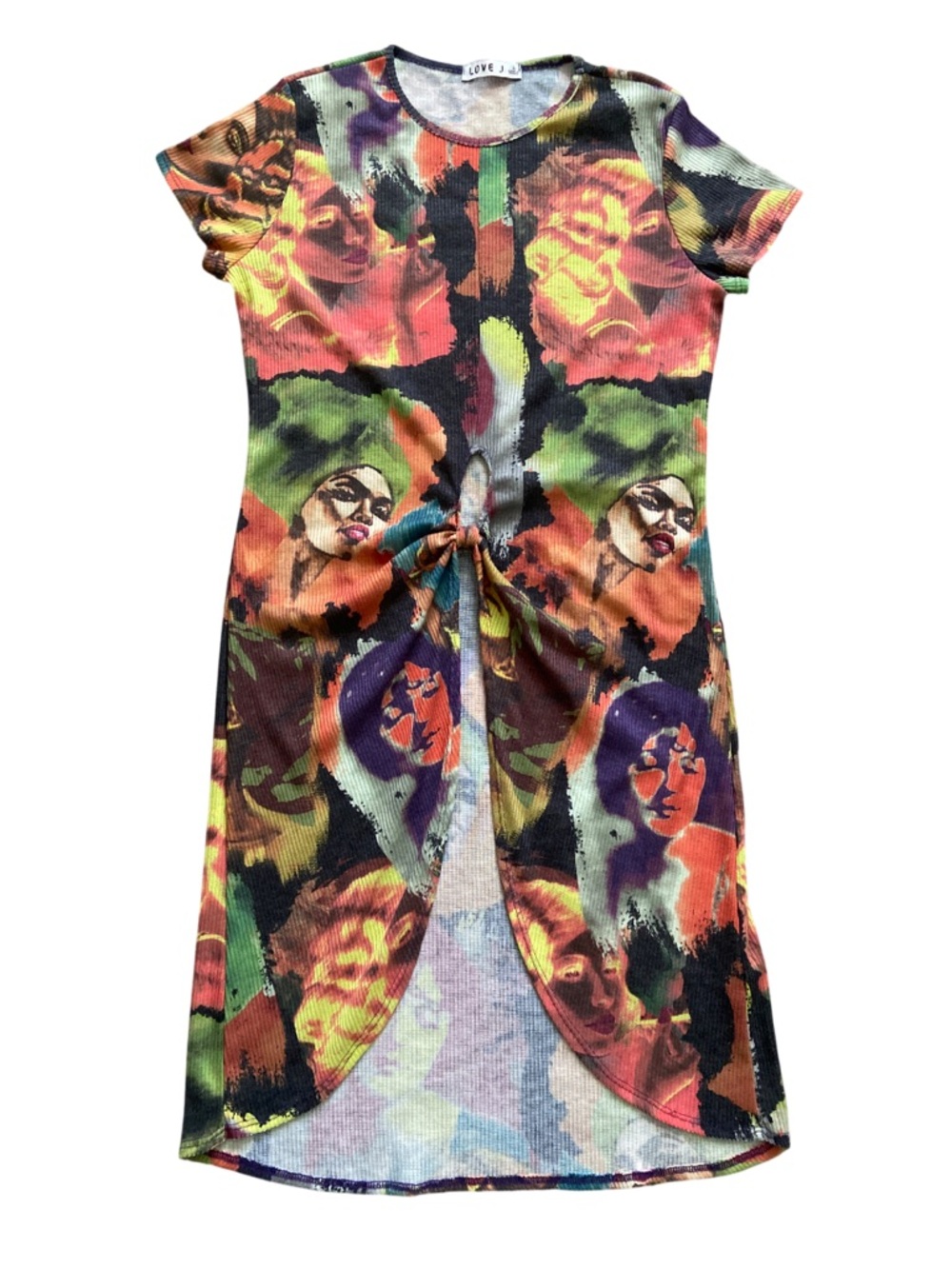LOVE J Vibrant Psychedelic Portrait Print Dress - Front Knot Slit - Y2K Style L